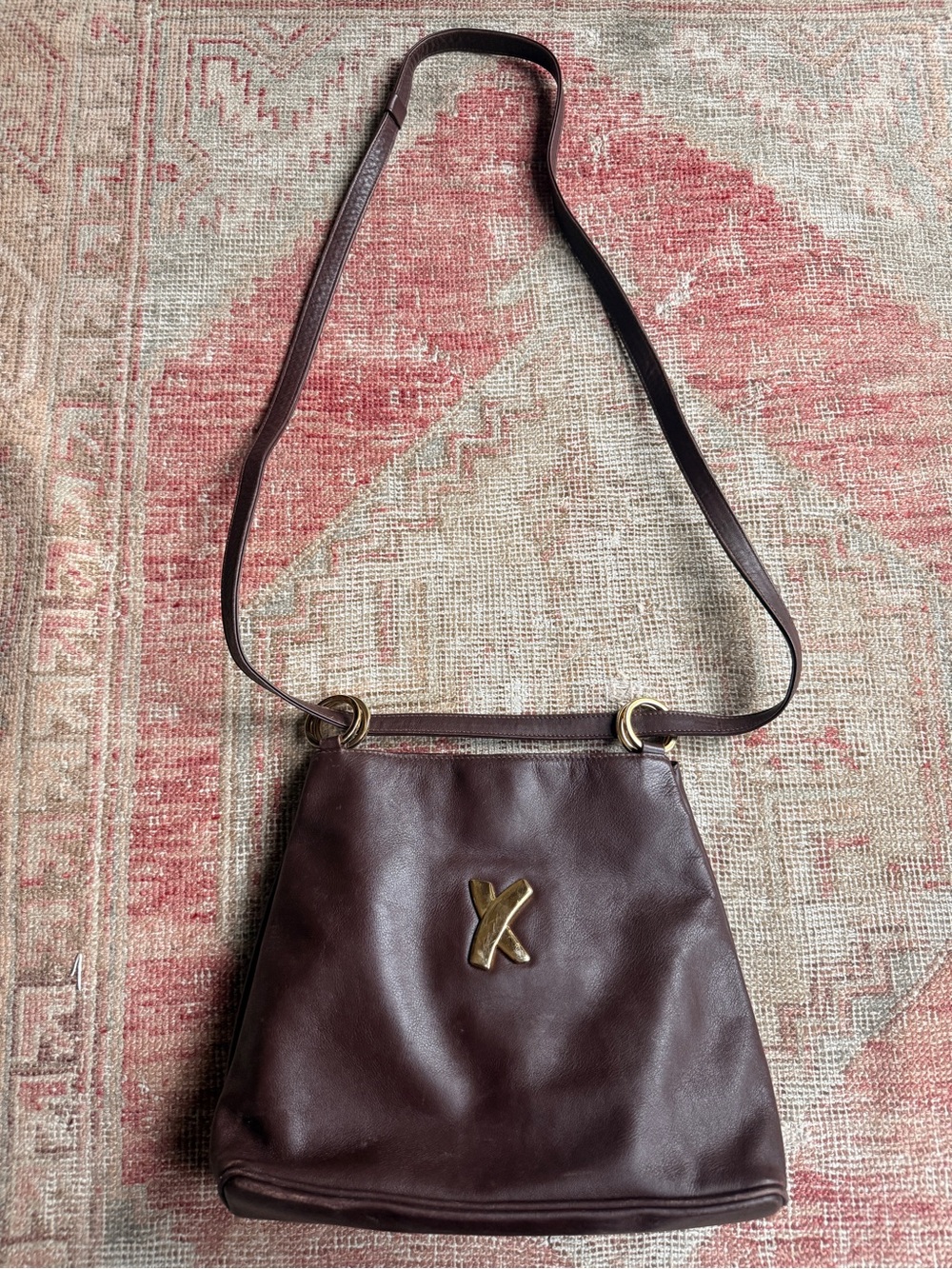 Vintage 90s Paloma Picasso Dark Brown Leather Shoulder Bag with Gold 'X' Accent - Picture 3 of 5